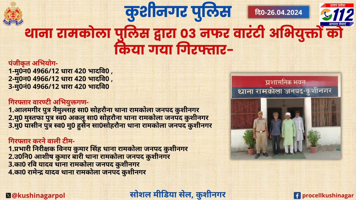 #SP_KSN @dhawalips के निर्देशन में थाना रामकोला पुलिस द्वारा 03 नफर वारंटी अभियुक्तों को किया गया गिरफ्तार- #uppolice