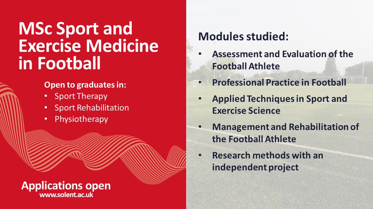 Applications are open for Sport Therapists, Sport Rehabilitators and Physiotherapists looking to expand their skills in a highly practical, industry-directed, postgrad course. View further detail and apply online: solent.ac.uk/courses/postgr…