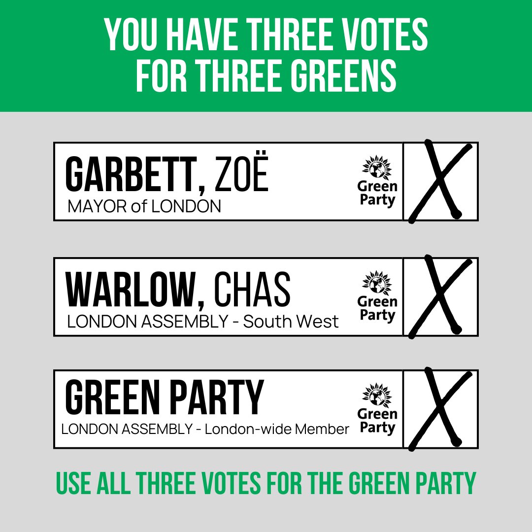 Help us make London a happier and healthier place for all. For a city that works for everyone, give your three votes to the Green Party on May 2nd! 💚 #GreenParty #london