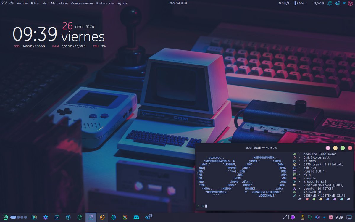Dejando el último #ViernesDeEscritorio del mes de abril. Con la querida #openSUSE Tumbleweed 🦎 🐧 #GNULinux #Linux 😎