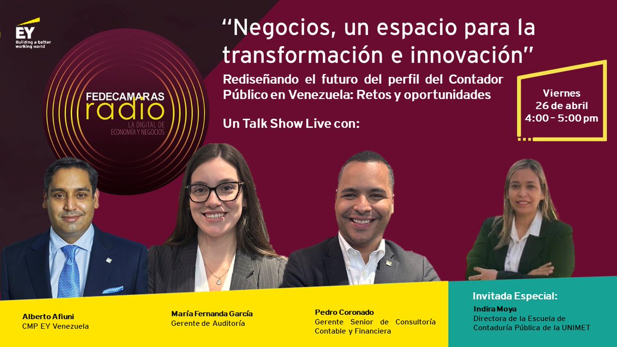 #EYVenezuela te invita a escuchar hoy #26abril a las 4:00 pm el programa radial EY: 'Negocios, un espacio para la transformación e innovación'.

Únete a la conversación aquí:  fedecamarasradio.com/directo.html o a través de la cuenta instagram de @EYVenezuela. #RetencióndeTalento