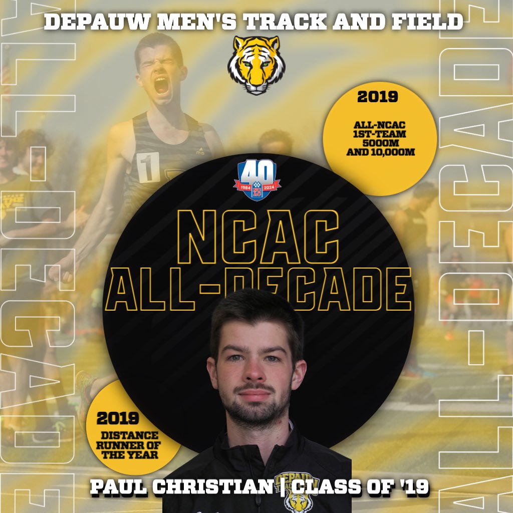 The @NCAC announced the 40th Anniversary Men’s & Women’s Outdoor Track and Field All-Decade team yesterday! Congrats to @DePauwXCTF alumni Ford Baker, Polo Burguete, Paul Christian 1/2 #d3tf #TeamDePauw #NCACPride