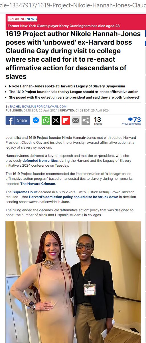 This is egregious! #ADOS '1619 Project author Nikole Hannah-Jones poses with 'unbowed' ex-Harvard boss Claudine Gay during visit to college where she called for it to re-enact affirmative action for descendants of slaves' dailymail.co.uk/news/article-1…