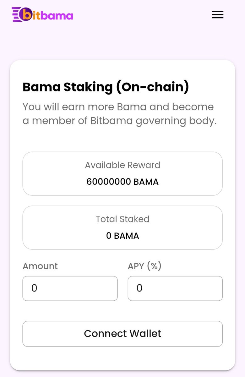 Dear Bitbama Community, We are glad to announce the following products update - BAMA Staking is live. You will be able to stake $BAMA with good APY - Staking Supply have been minted (Visit our Website for details) - Bitbama Governance will go live after listing - Users Token