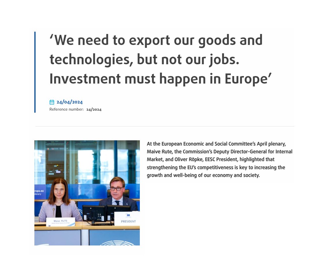 📡 There is no time to lose! 

The 🇪🇺 EU has to act quickly and urgently if it wants to catch up and survive in the face of the excessive power of the world's economic giants <a href="/MaiveRute/">Maive Rute</a> <a href="/EESC_President/">Oliver Röpke</a> #competitiveness

📰 Find out more: bit.ly/3Wg9R8Q