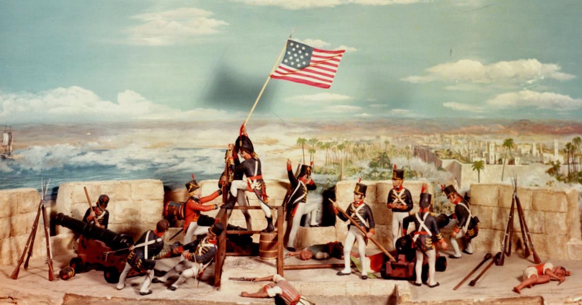 219 years ago, after a 600 mile march across the N. African desert, 8 Marines, 2 Navy midshipmen, and Arab & Greek mercenaries commanded by William Eaton captured for at Derna (modern Libya) during the 1st Barbary War.  The 1st time our flag was raised over foreign soil.