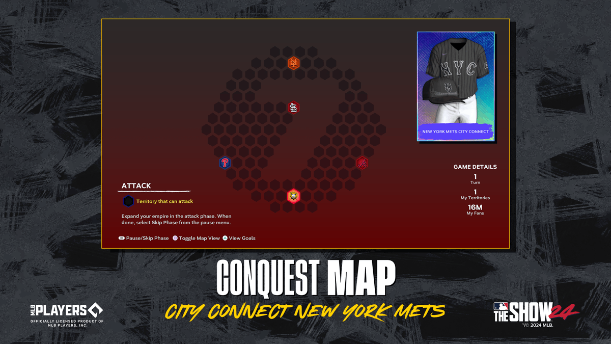 MLBTheShow's tweet photo. 🗽Level up your Diamond Dynasty squad's style with these New York @Mets Nike City Connect uniforms! 

Earn them while also earning XP, Packs, and additional Mets City Connect themed items along the way, in the 🗺️City Connect New York Mets Conquest Map available around noon PT. https://t.co/lRjT6lPHDw
