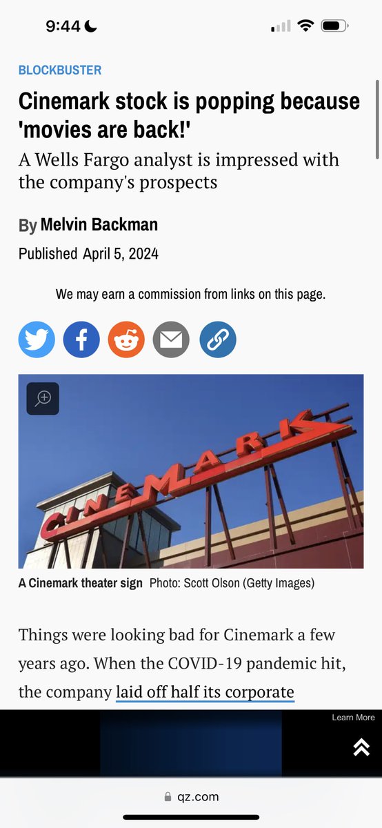 simulationchess's tweet photo. WF declared movies are back and gave Cinemark a double buy rating the exact day it hit the highest price in more than 2 years, and magically it's comes right down. They will keep pumping the stock with 113% institutional interest at all costs, anything to distract from AMC. https://t.co/HXh2SoWT8a