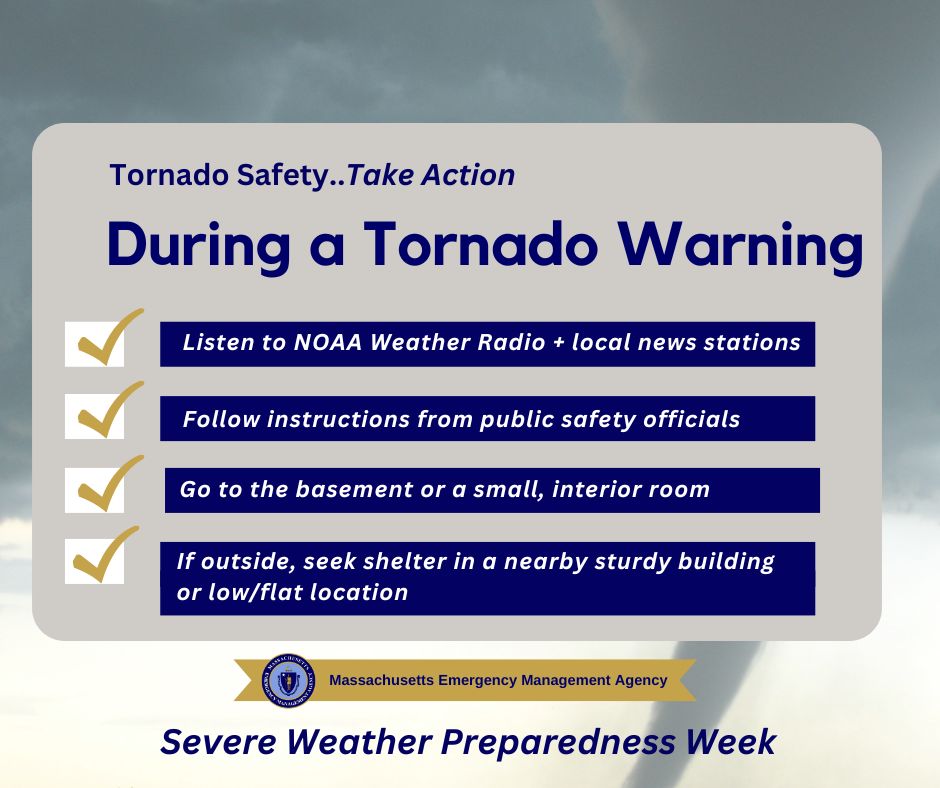 On the final day of Severe Weather Preparedness Week, it’s important to know the difference between a tornado warning and a tornado watch. For more information click here: tinyurl.com/4sz9hvhw #ReadyMA #SevereWeatherPreparednessWeek