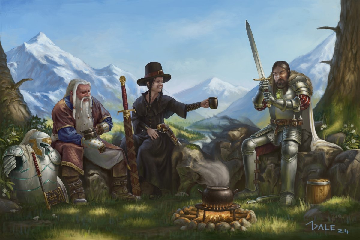 A Warhammer fantasy role play painting i got to work on for a private client recently, to commemorate a milestone in their campaign! A dwarf runelord, empire shadowmage and an elector count taking a well earned break from adventuring.