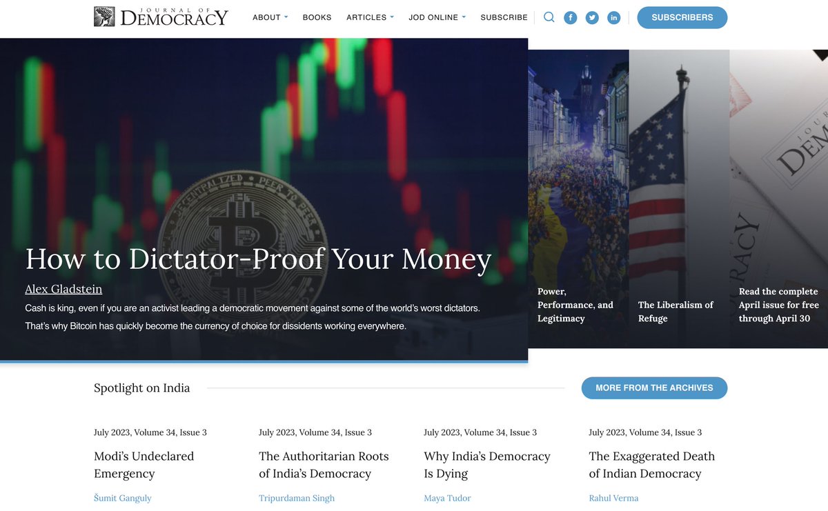 “How to Dictator-Proof Your Money” My new essay in the Journal of Democracy (@JoDemocracy) on how human rights activists and non-profits across the world are adopting Bitcoin as a resistance currency in response to regimes freezing their bank accounts journalofdemocracy.org/online-exclusi…