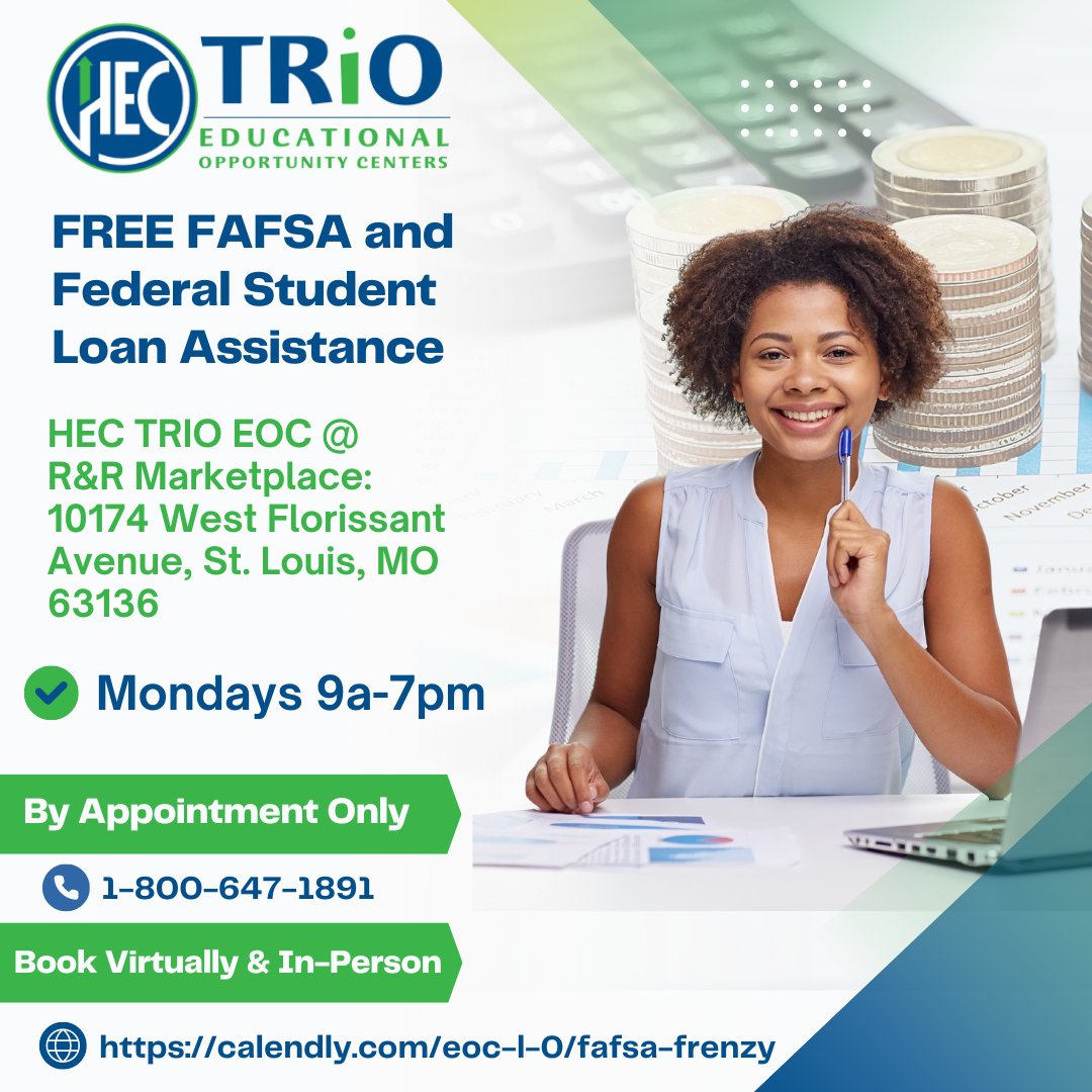 FREE FAFSA & Federal Student Loan Assistance! TRiO EOC will be at R&R Marketplace every Monday from 9am-7pm. Call 1-800-647-1891 to book your appointment. Or book virtually using the link below:
calendly.com/eoc-l-0/fafsa-…
#freeFAFSAhelp#FAFSA#trioEOC#financialaid#