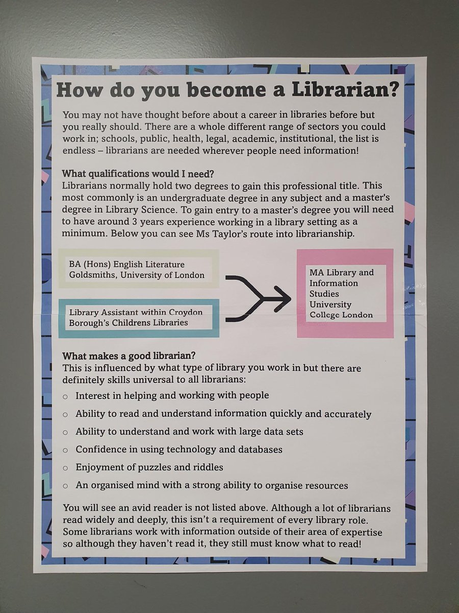 As our Year 12s begin to start thinking about next steps after school, what about librarianship? Take a look at the poster outlining this varied and challenging career in the Library. Featuring Ms Taylor's own journey from Library Assistant to @UCLDIS to Harris Westminster! 📚🤩