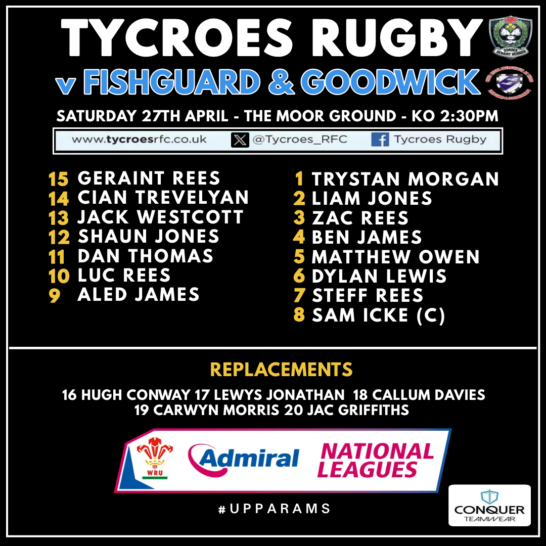 🚨 𝗧𝗘𝗔𝗠'𝗦 𝗨𝗣 🚨 Here's how we lineup for tomorrow's Admiral 2 West encounter against Fishguard & Goodwick. 5⃣ Changes from last weekend 🔁 Cian Trevelyan wears 14 | Luc Rees starts at 10 🆕 Liam Jones makes Club debut ©️ Sam Icke returns to lead the side