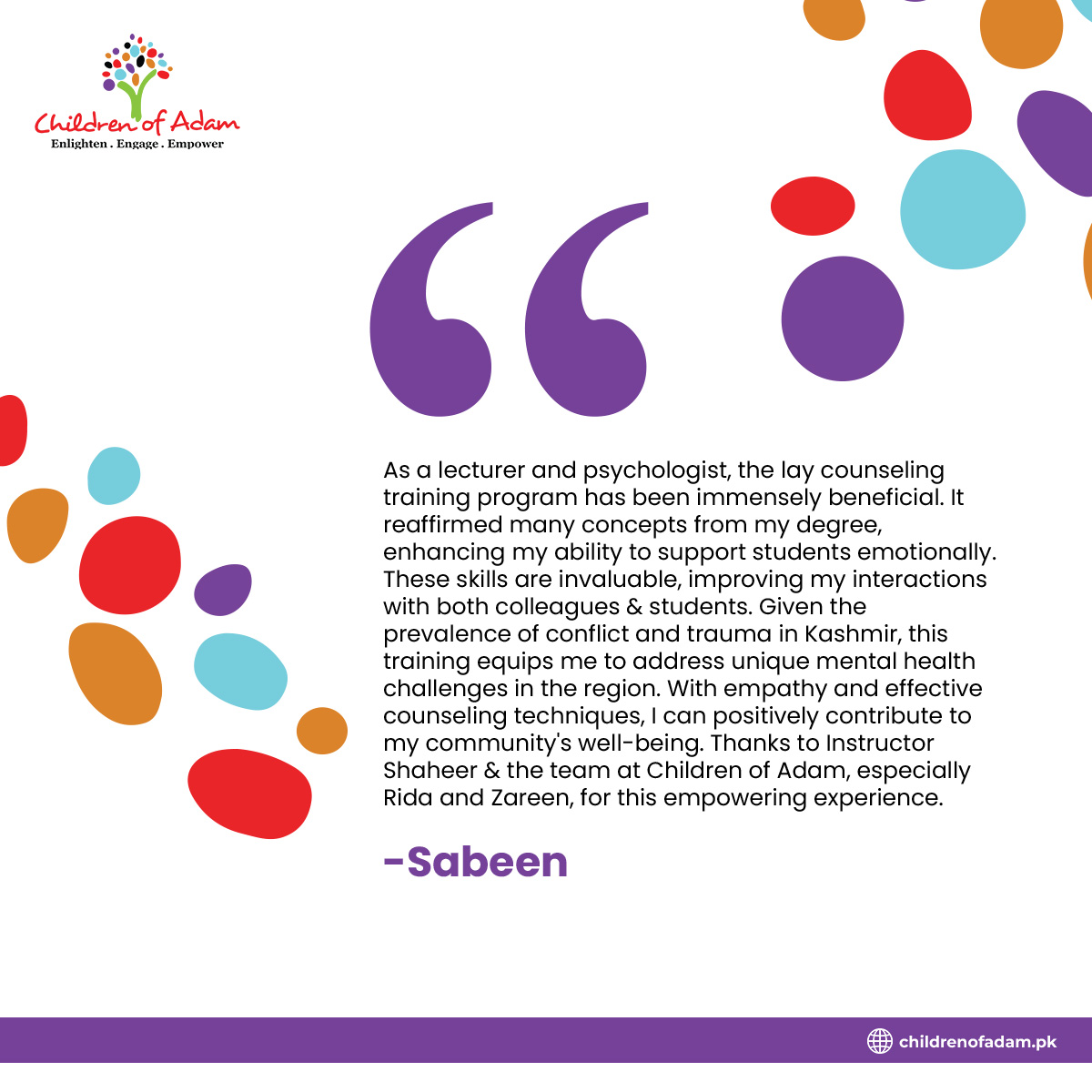 coapakistan's tweet photo. Here’s what our participants have to say about our Lay Counsellor Program!

Hear first hand how our training is empowering individuals to make a meaningful impact within their communities.

#testimonials #Laycounsellorprogram https://t.co/RNEiz5RGKi