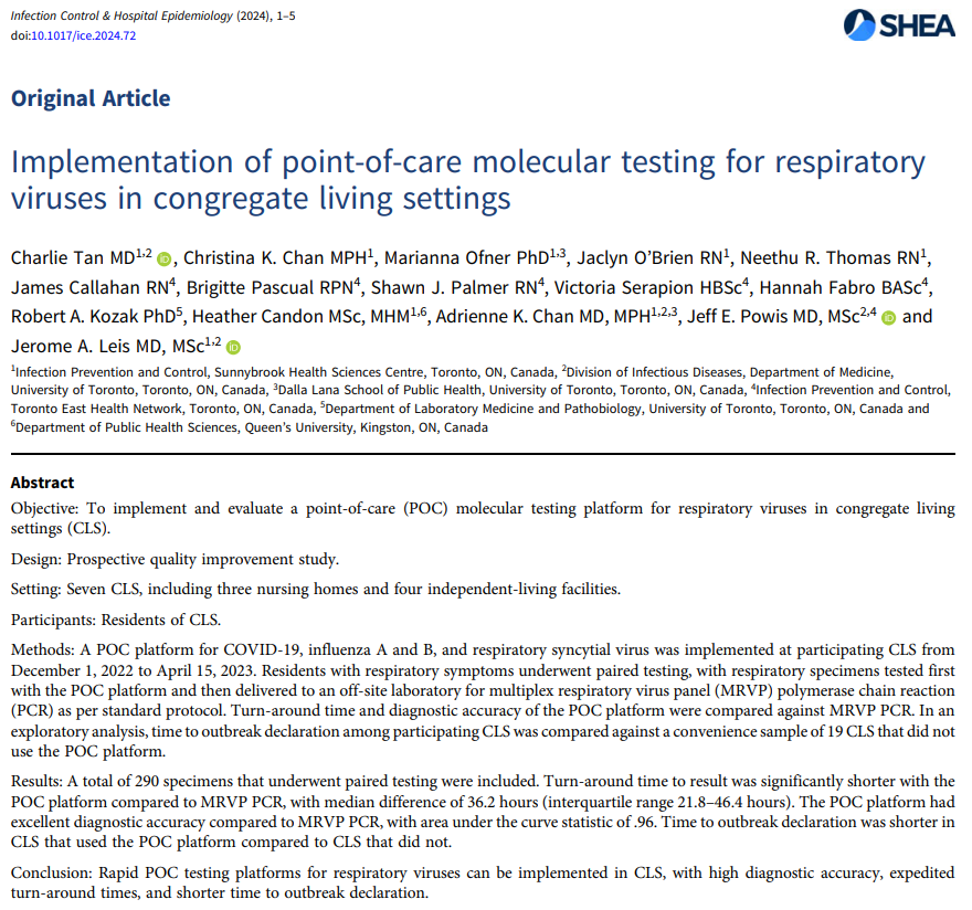 New from authors at @Sunnybrook Point-of-care molecular platforms for respiratory viruses are applicable to congregate living settings, with excellent diagnostic accuracy, rapid turn-around times and expedited outbreak declaration. 📄: doi.org/10.1017/ice.20…