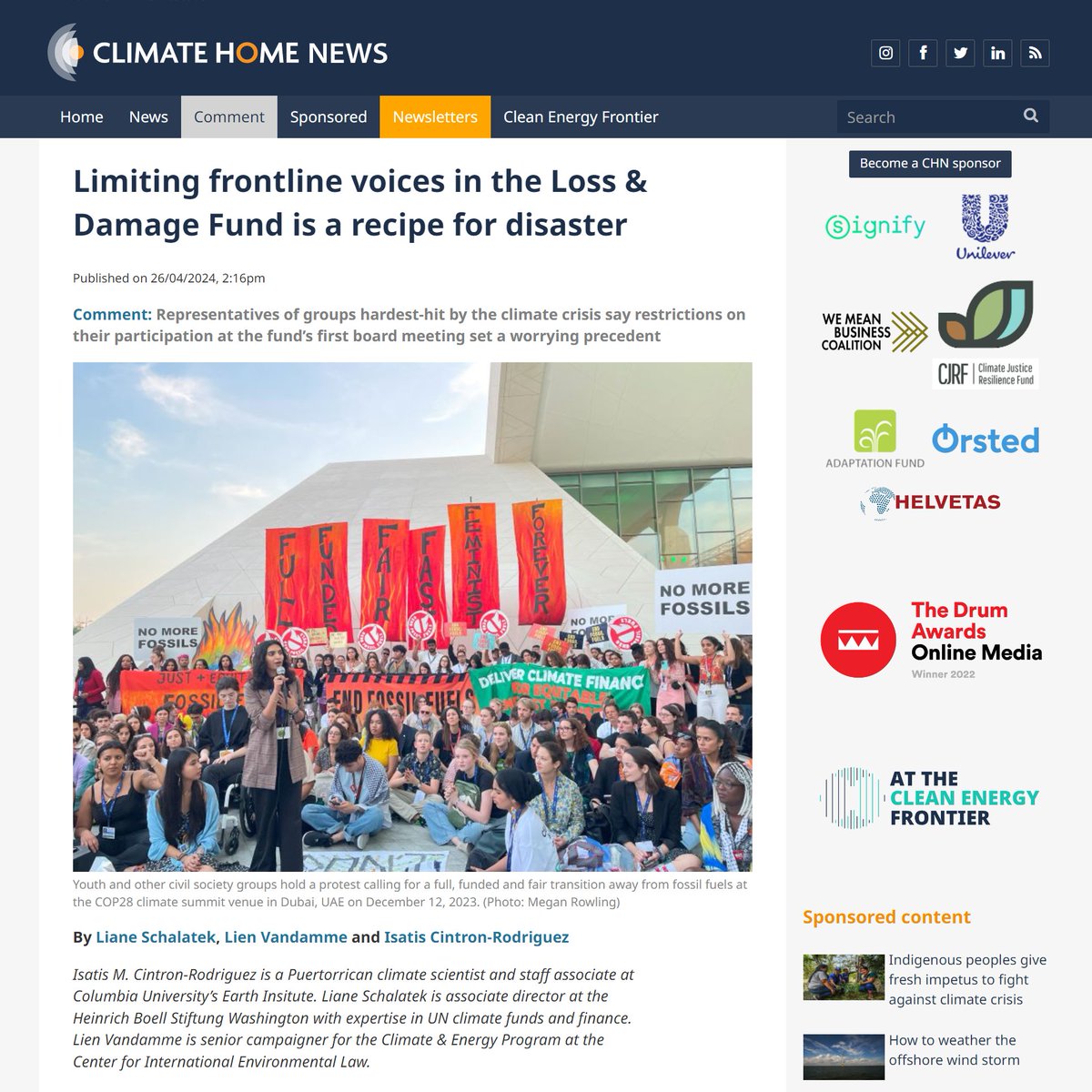 1/2.📰Important @ClimateHome op-ed from @isa_bori of @ACEObservatory, @liane_boell of @boell_us, and @lienvandamme of @ciel_tweets on how 'limiting frontline voices in the #LossAndDamage Fund is a recipe for disaster'. 🚫 🔗Read it here: climatechangenews.com/2024/04/26/lim…