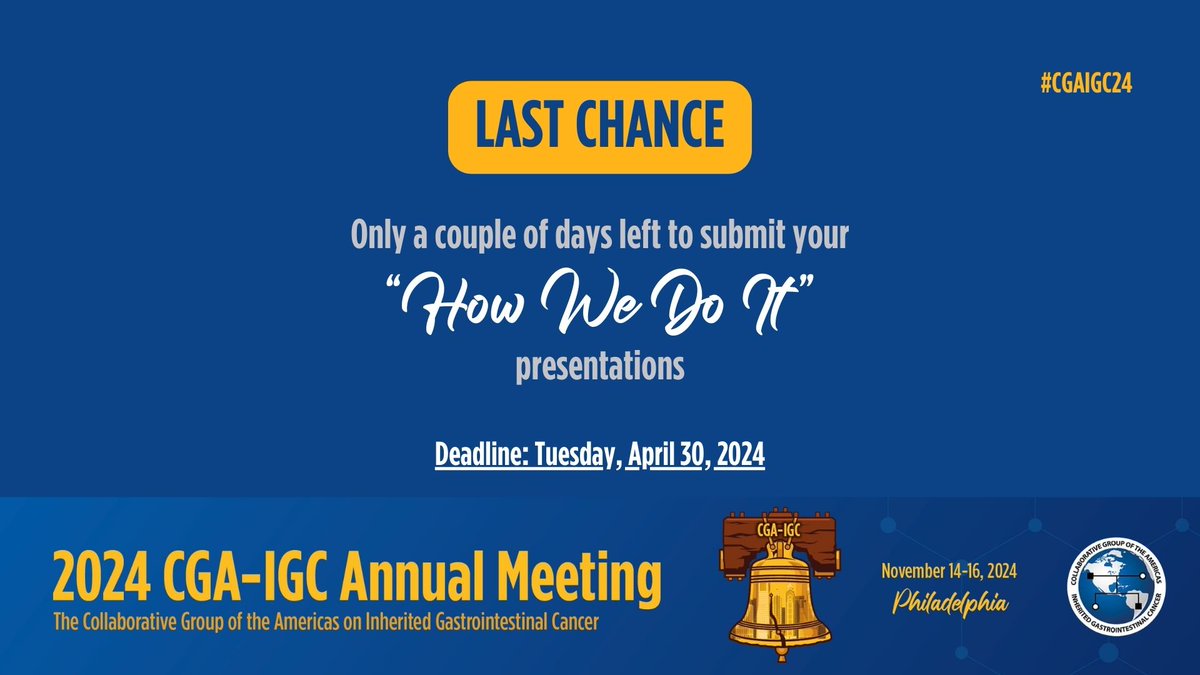 🔔 LAST CHANCE to submit your 'How We Do It' presentations for #CGAIGC24! The final deadline is coming up on Tuesday, April 30—don't miss this opportunity to highlight your team and institution at our annual meeting in November! 🔗 bit.ly/49GnBgu