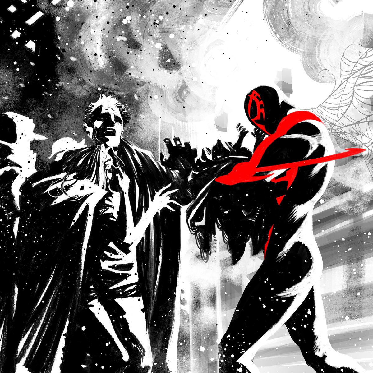 Been busy with deadlines, so here’s an alternate version of the “Spider-Man saving the baby” composition I had for the Black white and red series of compositions. hope you guys enjoy a look behind the scenes ! #miguelohara #spiderman2099 #blackwhiteandred #marvel #comics #daily