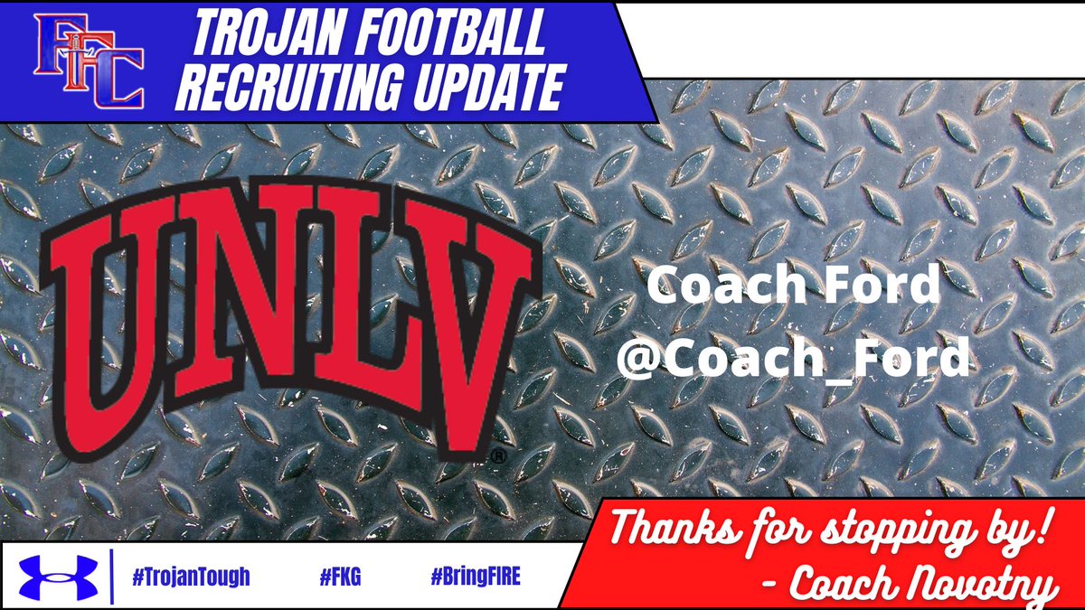 Coach_JNovotny's tweet photo. Great having @Coach_Ford of @unlvfootball in this week to talk about our player. Thanks for coming to Trojan Town! @ffchsfootball @ffcstrength @FFC8schools 

#TrojanTough 💪💪💪
#BringFIRE 🔥🔥🔥
#FKG 🔵⚪️🔴🛡️⚔️ https://t.co/zUuJ6AWW4W