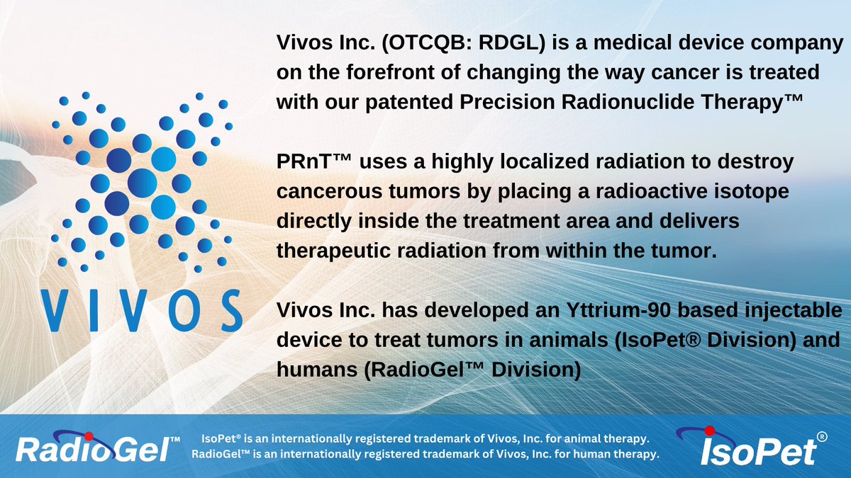 This is Vivos Inc. Our company's mission is to treat cancer in animals and humans worldwide. We hold nearly 30 patents securing us as the leader in radionuclide therapy and we are killing cancer! vivosincusa.com $RDGL #VivosInc #IsoPet #RadioGel