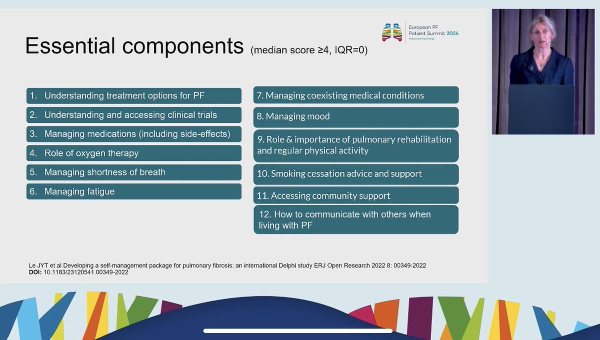 @anmari_russell considers supported self-management, the integrated respiratory pathway, the blended approach to care with the #MDT & the Delphi study suggestion of essential components of supportive care for #pulmonaryfibrosis #PFsummit24
