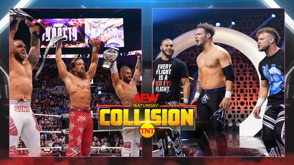 #AEWCollision TOMORROW
<a href="/dailysplace/">Daily's Place</a> | Jacksonville, FL
LIVE Coast-To-Coast immediately following NBA on TNT

Unified World Trios Titles NEW Champs #BulletClubGold <a href="/JayWhiteNZ/">Switchblade Jay White</a> @ColtenGunn &amp; @TheAustinGunn (c) put the title on the line against <a href="/TopFlight612/">Top Flight</a> &amp; <a href="/ActionAndretti/">Action Andretti</a>!
