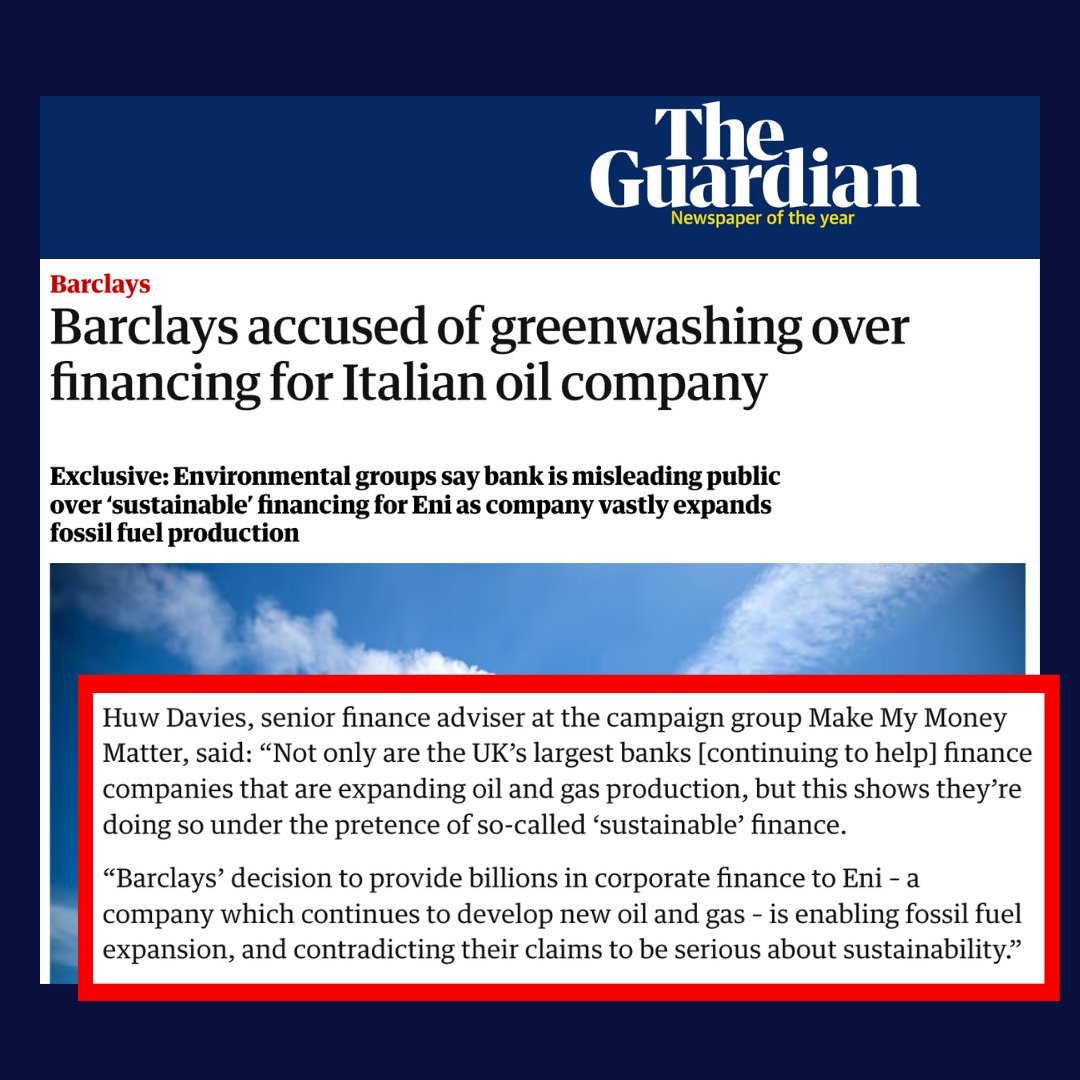 BRAND NEW: story today in the @guardian from @ThePointSource on how @Barclays are greenwashing the money they're pumping into new oil and gas. We trust our banks to look after our money, but can we trust them to look after our future? 😡 Take action 👉 makemymoneymatter.co.uk/hiddenrelation…
