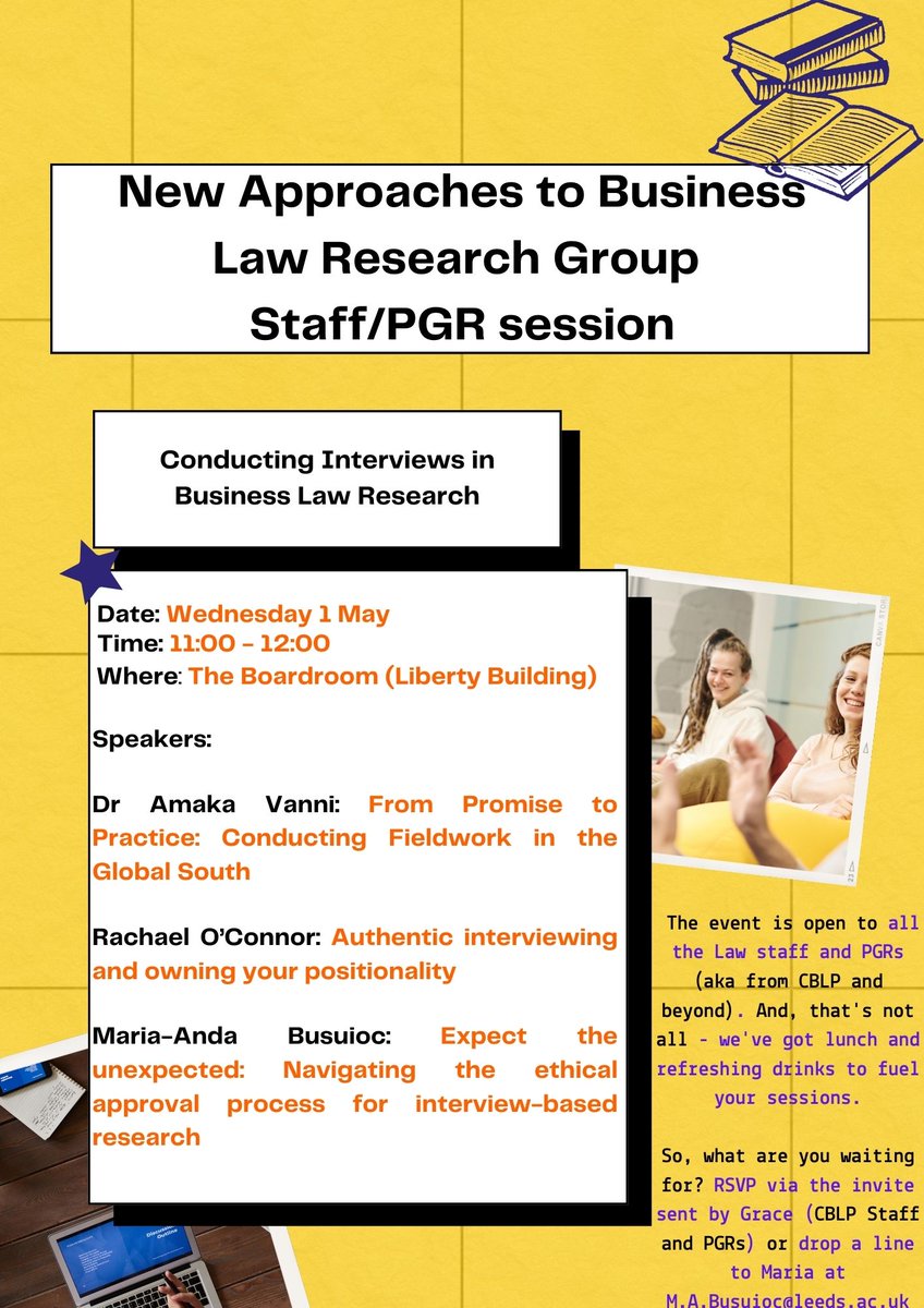 The rumours are true! @CBLP_Leeds's New Approaches to Business Law Research Group is hosting its first Staff/PGR session next Wednesday. Join us to find out what it takes to conduct interview-based research. Open to all @Law_Leeds staff/PGRs. For details, see below @or_brook