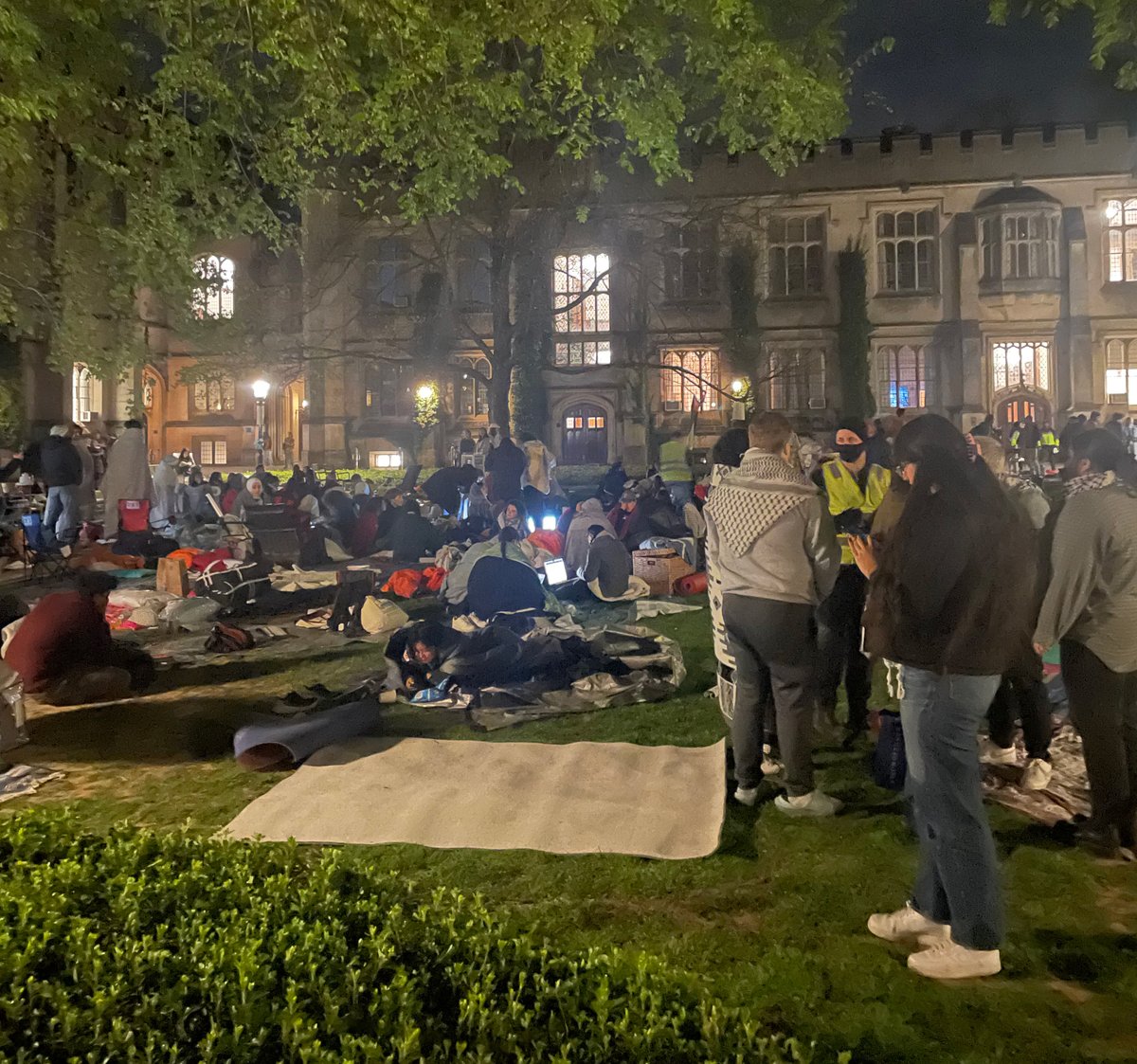 The pro-Palestinian protest at @Princeton continued through the night, with students staying awake after the University said they weren’t allowed to set up tents or sleep outdoors on campus. About 40 remained at 9:45 a.m.