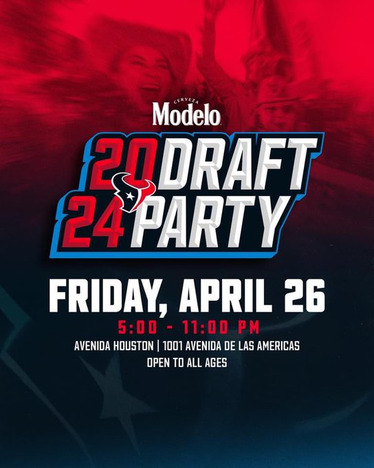 📣Calling all football fans! Join the @HoustonTexans draft party TONIGHT starting at 5 p.m. @AvenidaHouston 🏈❤️💙🙌