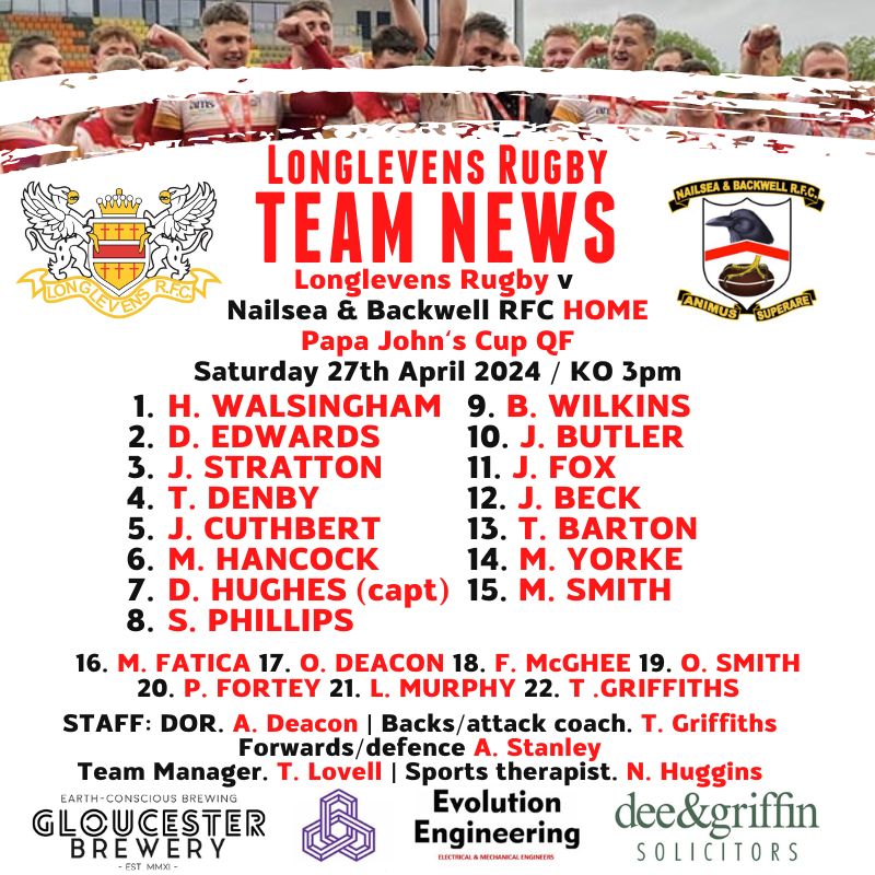 🏉 TEAM NEWS 🏉 It's Papa John's Cup quarter-final weekend! Longlevens Rugby host Nailsea & Backwell RFC tomorrow, kick off 3pm. Join us at Longford Lane for all the action, a drink, food and support the lads. 💪 #UpTheGriffins @deacs3