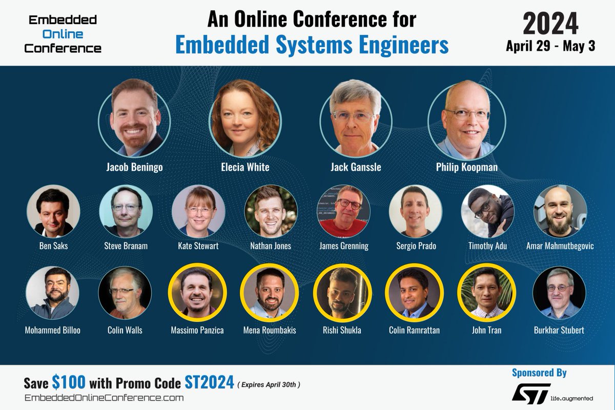 Don't miss us at the 2024 Embedded Online Conference starting next week! Access ST sessions & more on the show floor for free, or use promo code 'ST2024'  for discount on the all-access pass.

🔍 spkl.io/601642Qyk

#EmbeddedOnlineConference #STM32 #MCUs #embeddedsystems