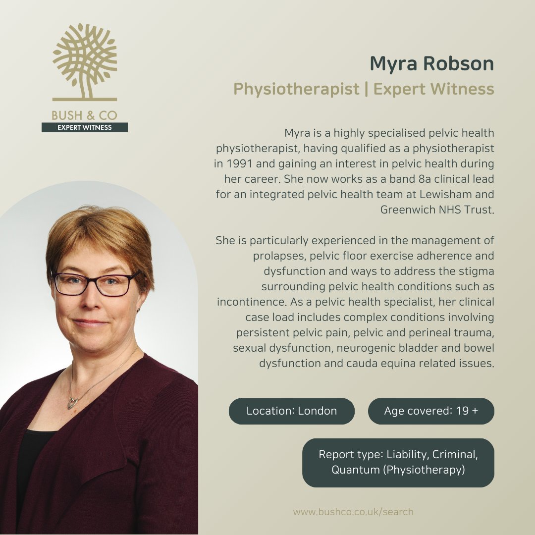 Specialising in pelvic health physiotherapy and being experienced in the management of prolapses and sexual dysfunction to name a few, Myra Robson, Physiotherapist, joins us as an #expertwitness undertaking #liability, criminal and #quantum reports eu1.hubs.ly/H08J0470