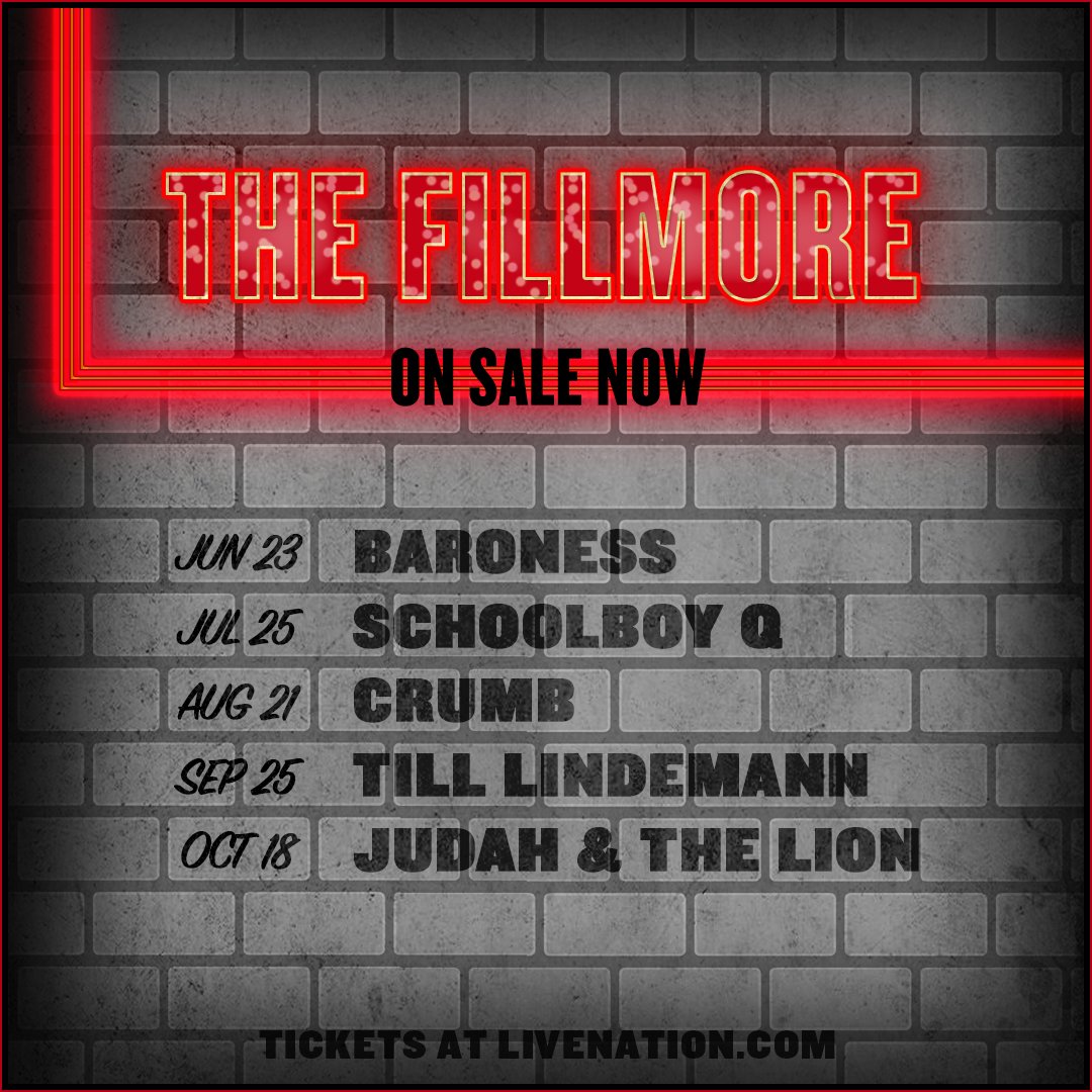 ⚡️ ON SALE NOW ⚡️ 6/23 Baroness 7/25 ScHoolboy Q 8/21 Crumb 9/25 Till Lindemann 10/18 Judah & The Lion 🎫 Get tickets at fillmoresilverspring.com