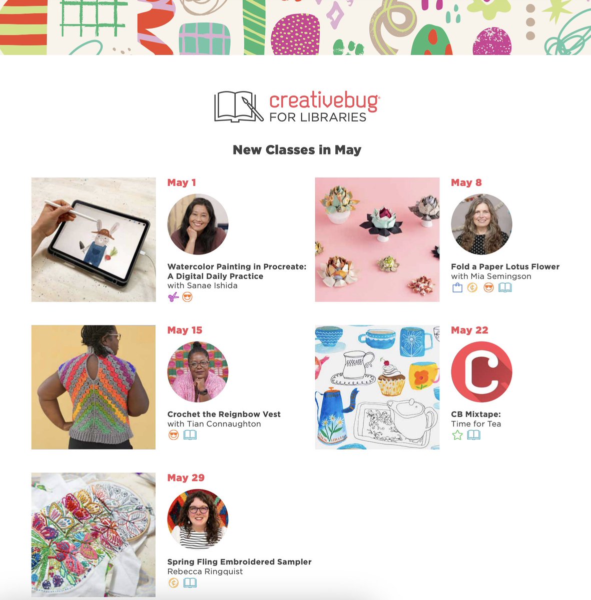Your library card gives you access to Creativebug, a crafty platform for free. Take classes, watch tutorials, download printables, and more. Sign up now for exciting May classes! #Creativebug #Fulcolibrary #Crafts #Digitalresource #maycrafts