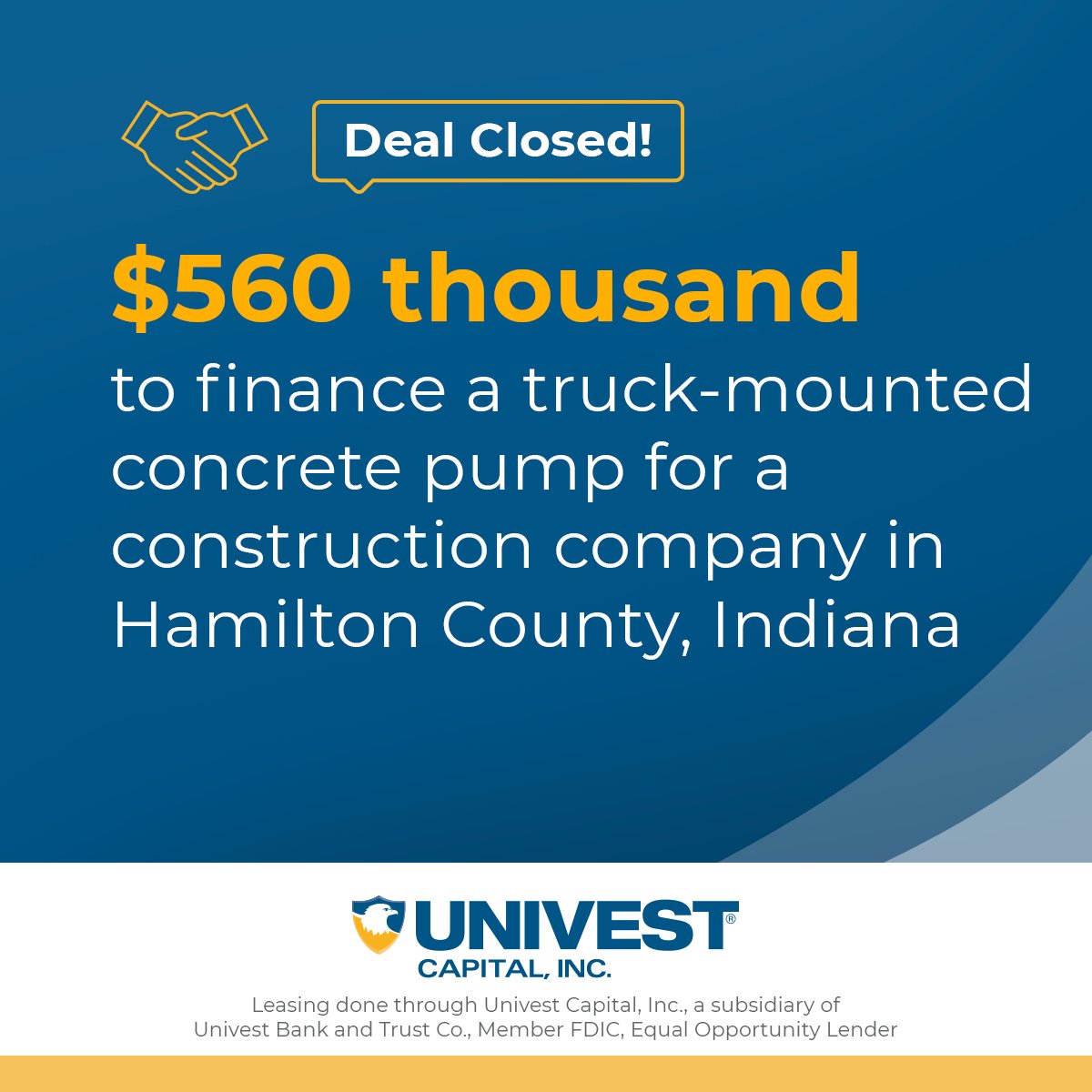 Through our equipment finance division, Univest Capital, we were happy to provide financing for a construction company in Indiana to purchase a truck-mounted concrete pump. Does your business need to purchase equipment? See what's possible with Univest: univest.net/equipment-fina…