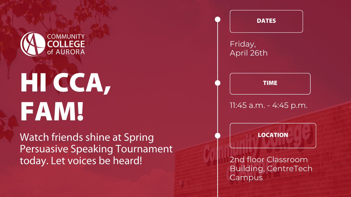 Hey CCA fam! It's time to watch our friends bring their A-game to the Spring Persuasive Speaking Tournament today and let their voices be heard! 📆 Friday, April 26th ⏰ 11:45 a.m. - 4:45 p.m. 📍 2nd floor Classroom Building, CentreTech Campus. See you there!