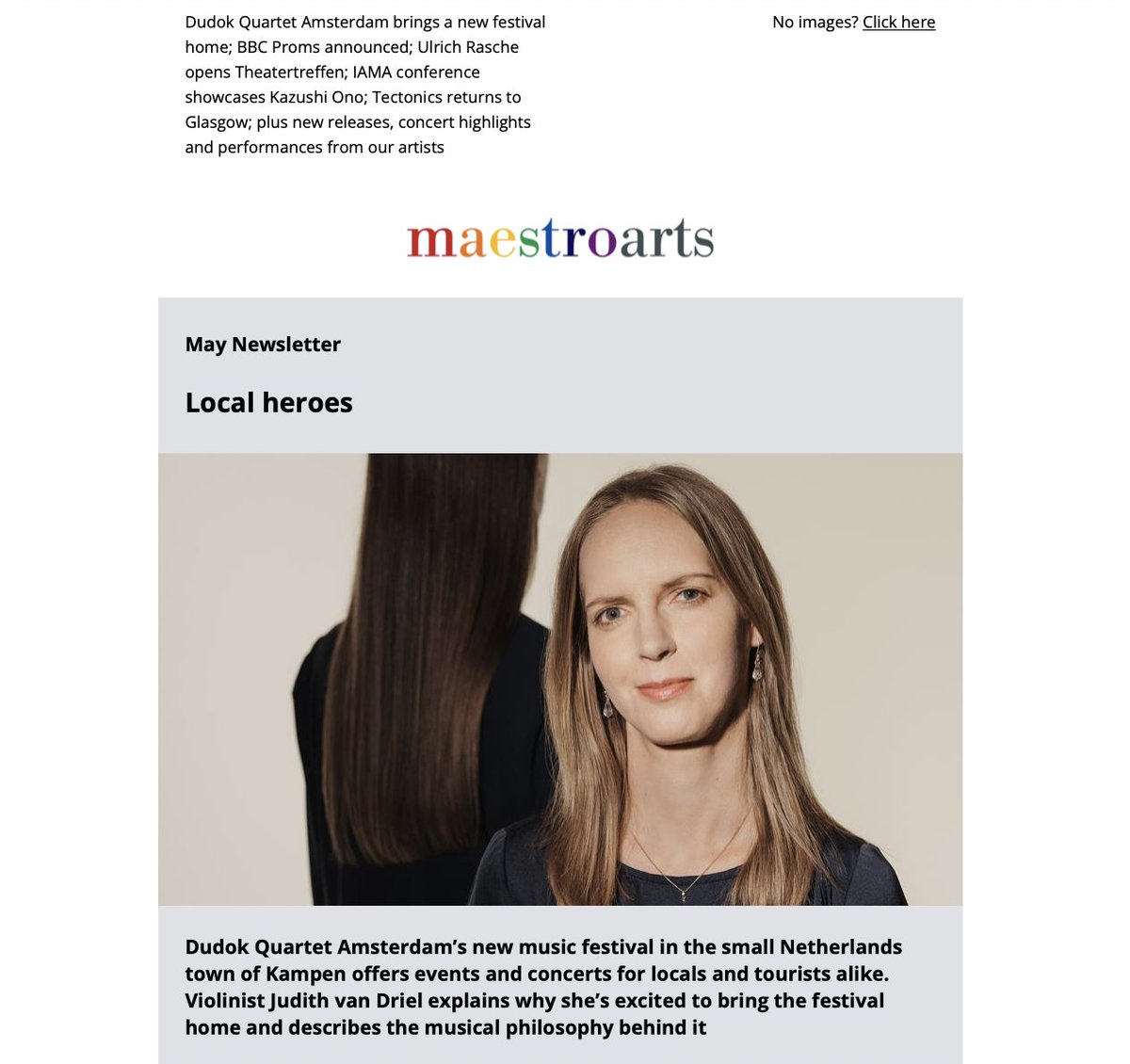 The May Maestro Arts newsletter is out! 🗞️ Featuring: Dudok Quartet Amsterdam's new festival; @bbcproms; Ulrich Rasche at Theatertreffen; Kazushi Ono at @IAMAworld conference; @tectonicsglas; plus new releases and concert highlights. Read all about it! 
createsend.com/t/i-F8770DE159…