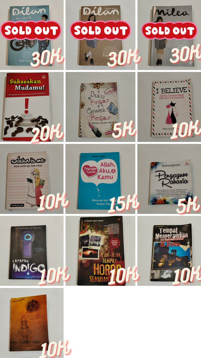 ⁻ ˏˋ꒰ Update Preloved Buku Part 2 ꒱ ˊˎ⁻

WTS koleksi bukuku, mulai dari 5K aja. Ada non-fiksi, fiksi dewasa, teenlit, sampai novel anak.

Mulai hari ini sampai sebulan ke depan, diskon 5% dengan minimal pembelian 150K🫶🏻
🍊 shopee.co.id/kireina.line