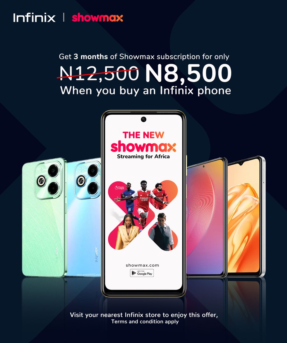 Don't miss out on the chance to get 3 months of Showmax subscription for only 8,500 naira when you buy an Infinix phone! Visit your nearest accredited Infinix store to enjoy this offer. Terms and conditions apply. #InfinixNote40Series9ja #InfinixAndShowmax #TakeChargeWithNote40