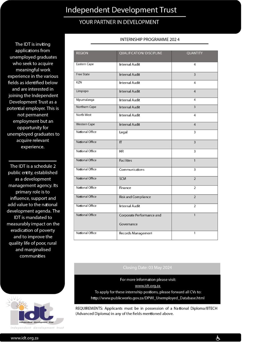 The Independent Development Trust invites unemployed graduates for the internship programme.
Closing Date: 03 May 2024

#yourpartnerindevelopment
#jobseekers