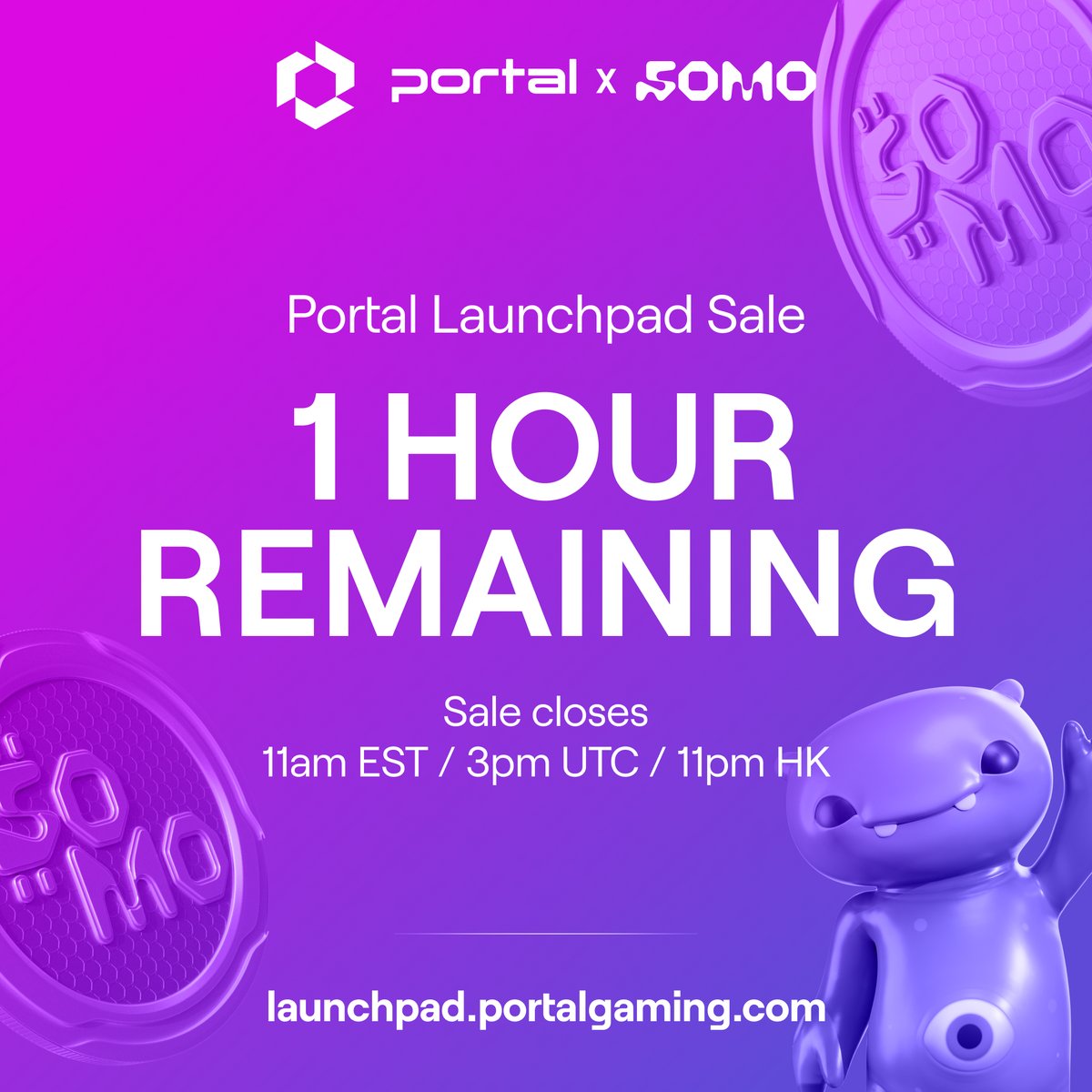 1 hour remaining in the first Portal Launchpad Sale! Portal stakers receive preferential access to buy $SOMO, the token powering the @playsomo universe. For the hottest launches in Web3: launchpad.portalgaming.com 📈