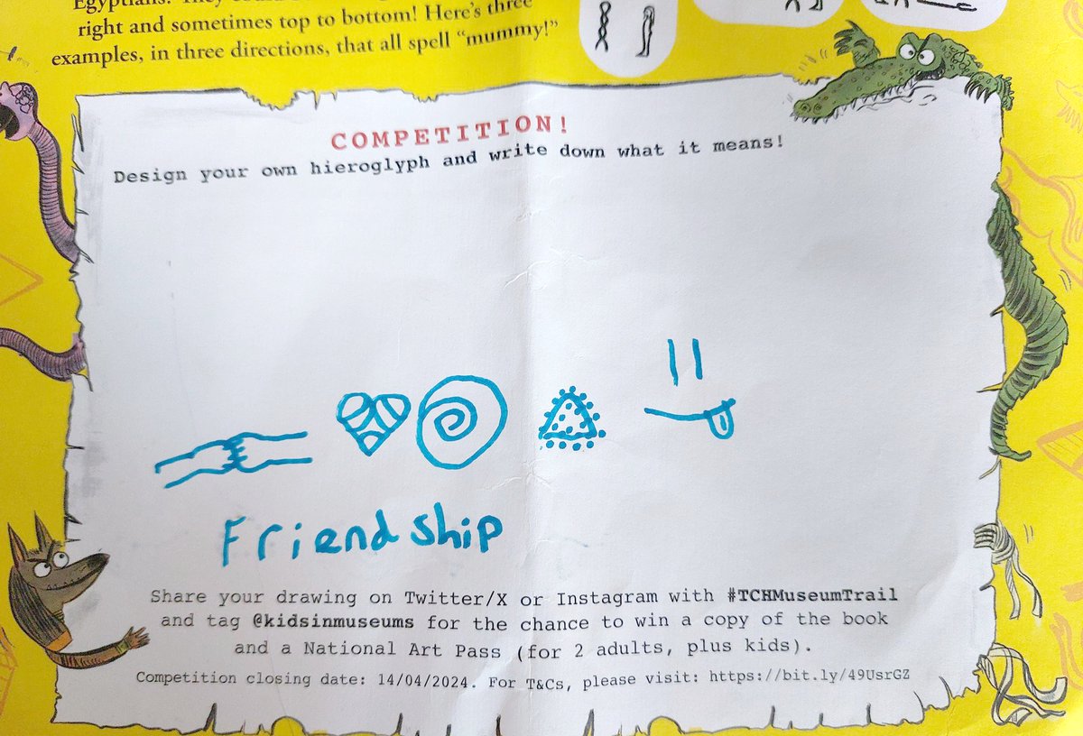 We had some fab entries to the 'Design your own hieroglyph' #TCHMuseumTrail competition ✏️ The winner is.... Esme, aged 9, for a celebration of all things 'friendship'😊 A copy of #TotallyChaoticHistory by @greg_jenner plus a National Art Pass are winging their way to you! ✨
