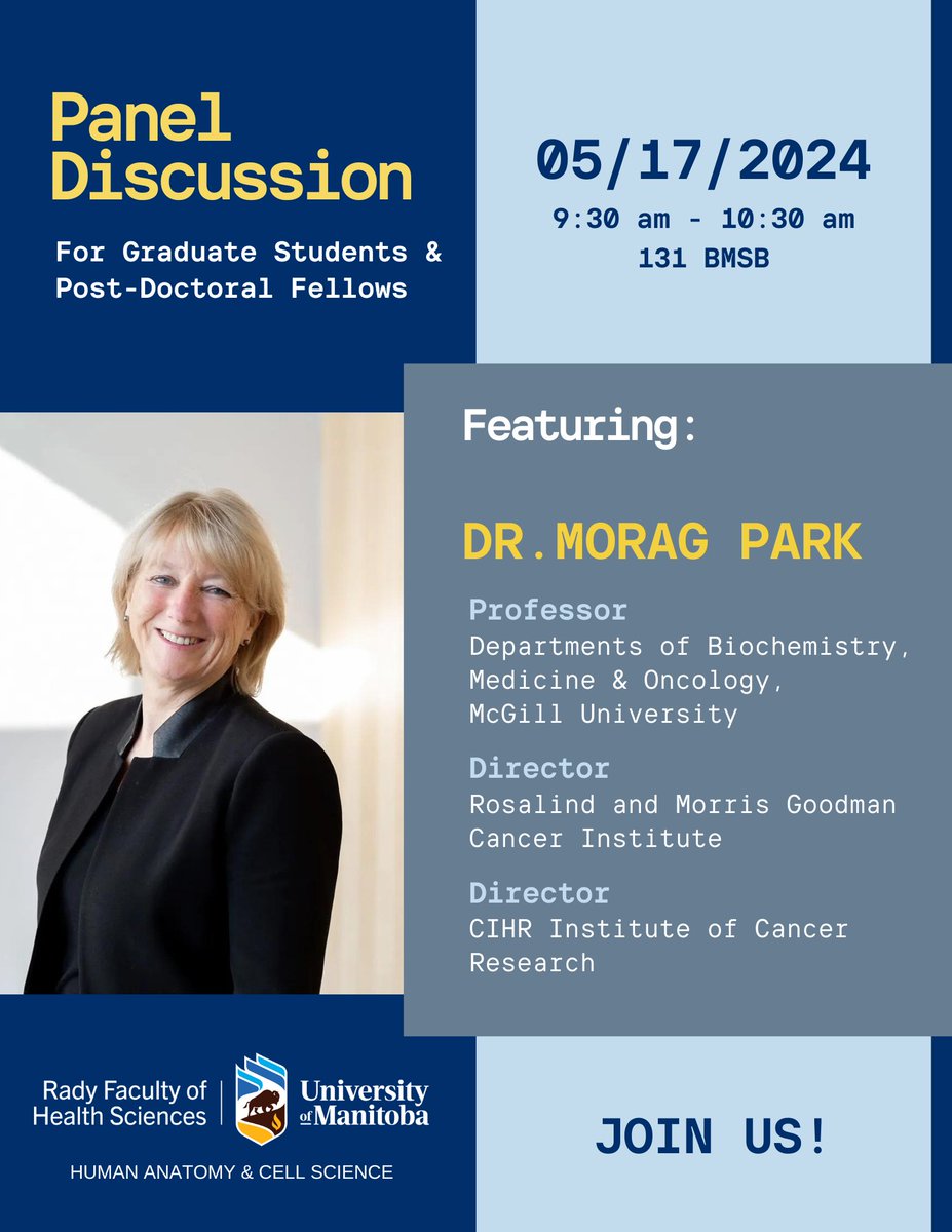 Join us for the Edge of Science Speaker Series, Dr. Morag Park of McGill University will be giving a seminar on Friday, May 17th at 12 pm. There will also be a panel discussion open to graduate students & post-docs that same day. For more info DM or contact hacs.info@umanitoba.ca