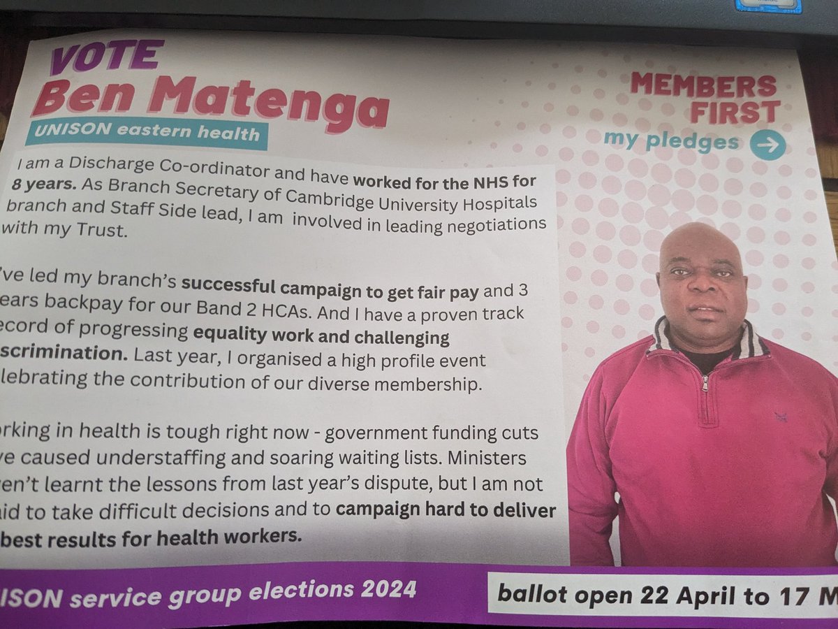 If any UNISON members in eastern region follow me the please vote for Ben Matenga for the SGE health seat.nive worked with Ben at a national level on rece for equailty workshops where we both sat on the panel. He is a great voice for health members
