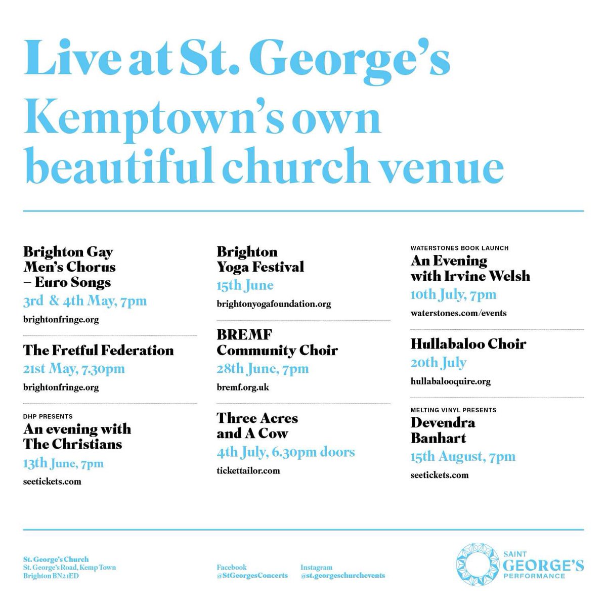 From euro pop songs to yoga festivals to freak folk performers there is something for everyone in our stunning Church space #kemptownevents #eventsinchurches