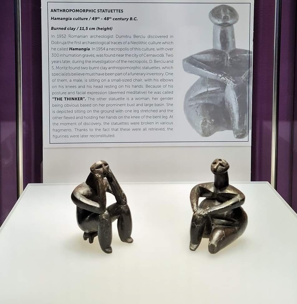 The thinker or sorrow, next to his partner. The famous Neolithic figurines from 5000-4600 BC, Hamangia culture were discovered in 1956 near Cernavodă, Constanța county; the first large Neolithic necropolis identified in Romania. 

These Masterpieces of prehistoric artifacts are…