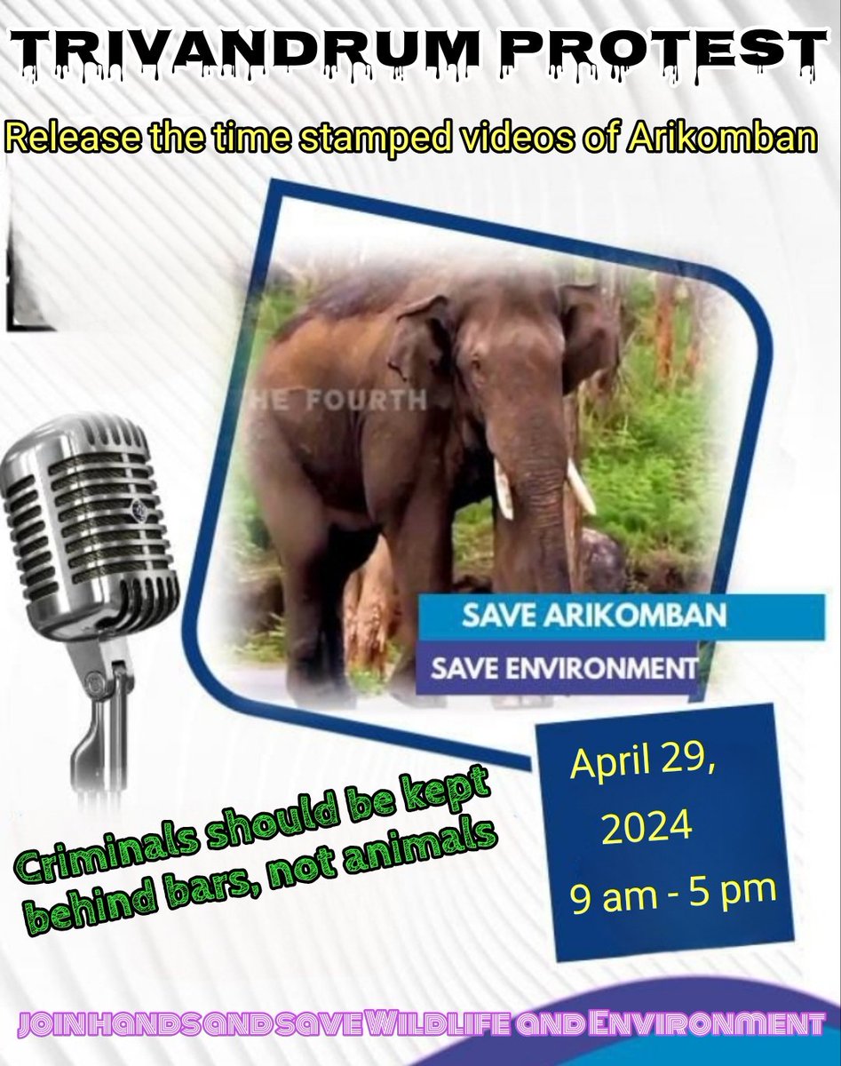 Be with us to fight for the justice of Arikomban and protecting the remaining wildlife and forest from encrochers and landmafias in Kerala.  Release the time stamped videos of Arikomban 🐘❤️❤️❤️.#Arikomban #protest #trivandrum #savewildlife
#saveenvironment