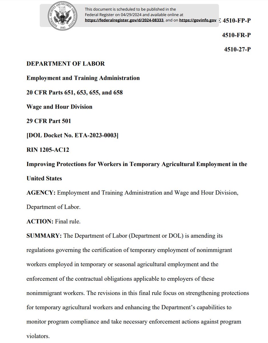 Today's big immigration news: the Department of Labor has finalized a major rule on labor protections for temporary or seasonal guest workers here on H-2A visas. federalregister.gov/public-inspect…